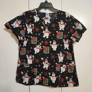 L Frosty the Snowman Multicolor Christmas Holiday Snowflakes Medical Scrub Top